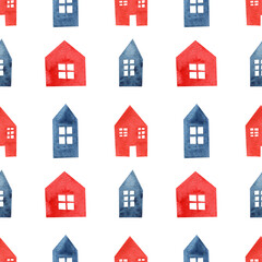 Watercolor seamless pattern with blue and red houses. Isolated on white background. The perfect pattern for textiles, postcards, packaging and design.