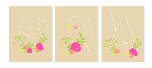 A banner of a beauty and women's health salon in a fashionable natural shade. Illustration of female body with flowers and leaves