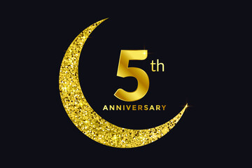 Fifth Anniversary Celebration Golden Emblem in Black Background. Number 5 Luxury Style Banner Isolated Vector.