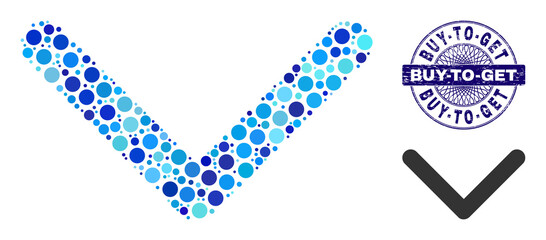 Circle mosaic direction down icon and BUY-TO-GET round dirty stamp seal. Blue stamp includes BUY-TO-GET text inside circle and guilloche ornament. Vector mosaic is based on direction down icon,