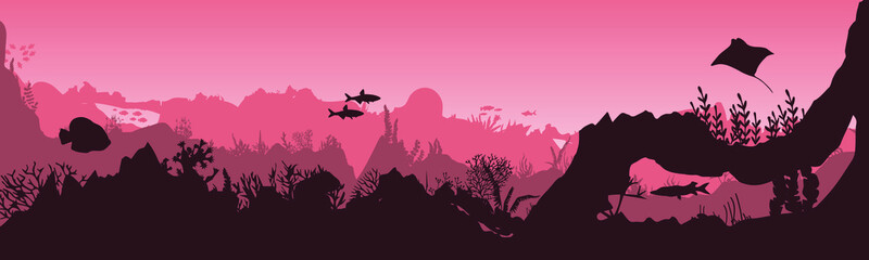 underwater scene, background from reef fish and algae. Vector