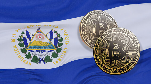 3d rendering of two bitcoins in front of a Salvadoran flag