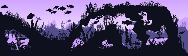 underwater scene, background from reef fish and algae. Vector