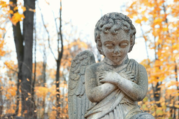 Fototapeta premium Angel baby statue on old cemetery, autumn natural background. Design for condolences, mourning cards or obituary. concept of religion, faith, Remember, mourn, memory. all saints day, All Souls Day
