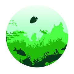 icon for social networks, underwater scene with fish and algae on the background of the reefs. Vector template.