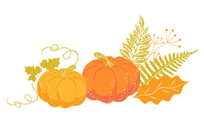 Vector image of the attributes of autumn - a bouquet of yellow leaves, ripe pumpkins and the slogan. A flyer, booklet, invitation, or poster for an autumn party, exhibition, or festival.