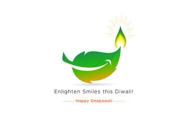 vector illustration of happy Diwali festival creative poster with eco friendly pollution free and smiling green leaf lamp candle