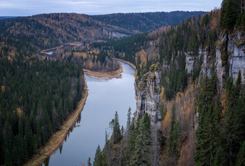 The Usva River and the Devil's Finger Rock in autumn, Perm Krai, Russia