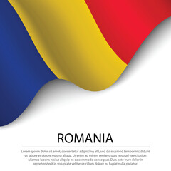 Waving flag of Romania on white background. Banner or ribbon template for independence day