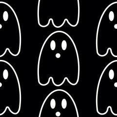 Seamless pattern doodle white halloween ghosts on a black background. For advertising, packaging, textiles, holiday decorations