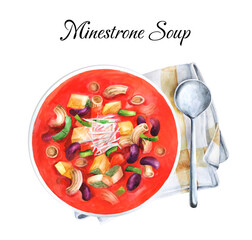 Minestrone soup illustration watercolor isolated on white background