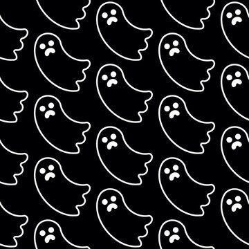 Seamless pattern doodle white halloween ghosts on a black background. For advertising, packaging, textiles, holiday decorations