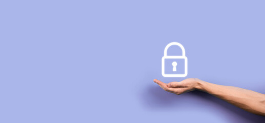 Male hand holding a lock padlock icon.Cyber security network. Internet technology...