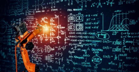 Robot arm AI analyzing mathematics for mechanized industry problem solving . Concept of robotics technology and machine learning for automated manufacturing process .