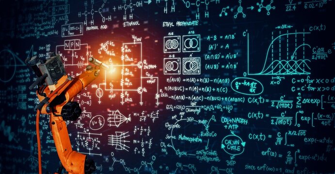 Robot arm AI analyzing mathematics for mechanized industry problem solving . Concept of robotics technology and machine learning for automated manufacturing process . - Powered by Adobe