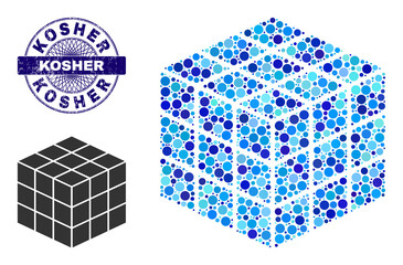 Round dot mosaic 3x3x3 cube icon and KOSHER round corroded stamp imitation. Violet stamp seal includes KOSHER caption inside circle and guilloche technique. Vector mosaic is based on 3x3x3 cube icon,