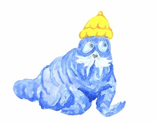 watercolor illustration of a funny blue walrus in a knitted yellow hat isolated on white background.mustachioed sea lion