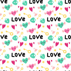 Bright seamless pattern for Valentine Day with locks, keys and heart shaped face. Decorative elements and festive decorations. Vector flat illustration