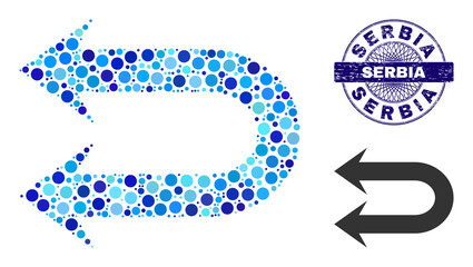 Round dot collage double left arrow icon and SERBIA round scratched stamp seal. Violet seal includes SERBIA caption inside circle and guilloche style.