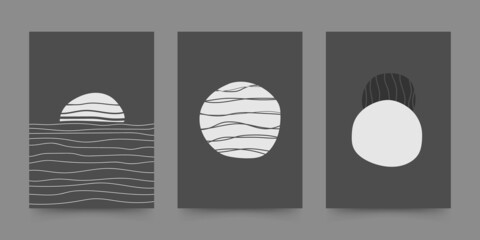 Abstract geometric hand drawn shapes set in mid century style. Sunset at sea, eclipse. Boho design for wall decoration, poster, print, cover, wallpaper. Minimal dark wall art. Vector © аska