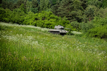 Historic russian tank T34 in The Death Valley, near Kapisova village, Slovakia
