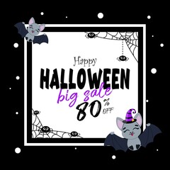 A banner on a black background with an 80% Halloween sale, a cute bat in a hat and spiders with cobwebs