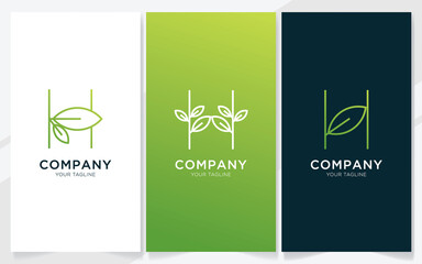 Initial letter H combination with leaf elements logo design, vector illustration set