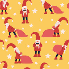 seamless pattern with flat colorful gnomes and stars.  gnomes with gift bags. design for fabric. Vector hand-drawn illustration.