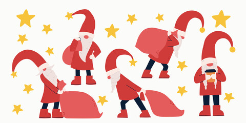 set with flat colorful gnomes and stars. Christmas. gnomes with gift bags. Vector hand-drawn illustration.