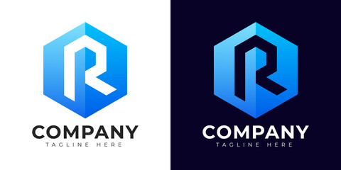 Obraz premium Modern gradient style letter r logo template. R letter design vector with colorful creative hexagon sign.