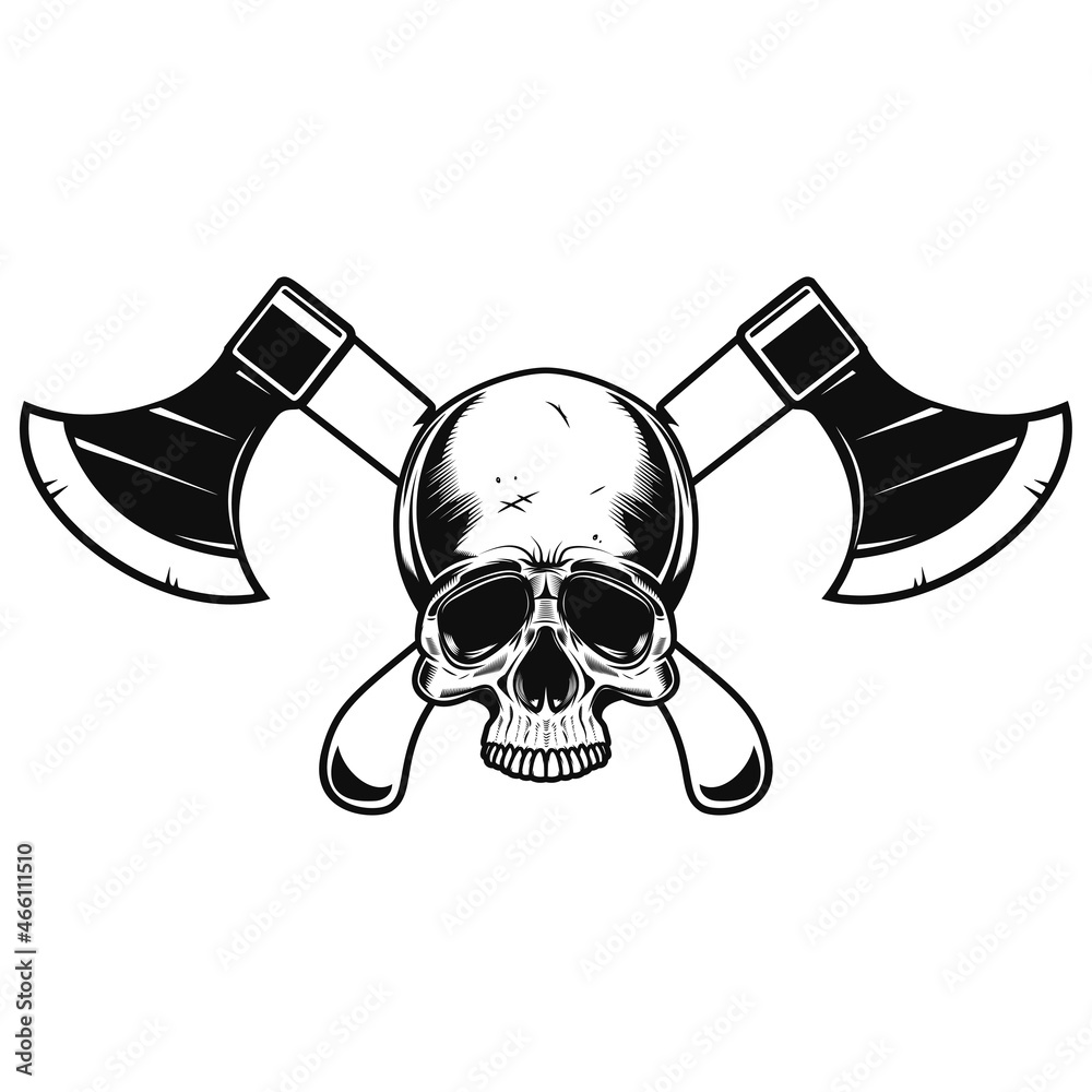 Wall mural Crossed lumberjack axes with skull. Design element for logo, emblem, sign, poster, t shirt. Vector illustration