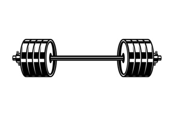 Illustration of gym barbell in vintage monochrome style. Design element for logo, label, sign, emblem, poster. Vector illustration - obrazy, fototapety, plakaty
