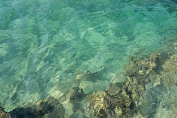 Fototapeta na wymiar turquoise blue water texture and reflections in the Mediterranean Sea minimalist aqua background