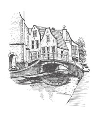 Travel sketch. Liner sketch of homes and bridge in Delft, the province of South Holland, Netherlands. Urban sketch in black color on white background.  Line art drawing. Hand drawn travel postcard. 