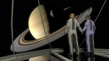 the image of astronauts on the background of Saturn 3D illustration