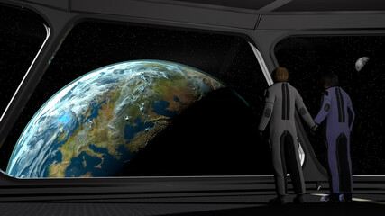 the image of astronauts on the background of the earth reality 3D illustration