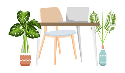 Modern beautiful desk for home office with chair table and house plants