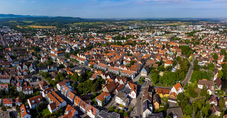 Aerial view of  the old town of the city Kirchheim unter teck in Germany, Baden-Württemberg on a sunny morning day in summer.