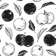 Seamless vector pattern of apples fruit and leaves, black silhouette and outline elements on white background. Hand drawn illustration for design packaging, textile, wallpaper