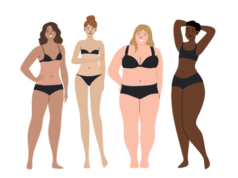 Group of smiling women of different nationalities and body types in black underwear standing on a white background
