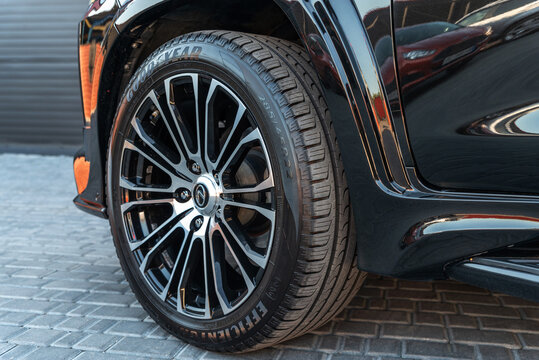 Ukraine, Odessa July 8 - 2021: Wheel With Good Year Tire Of A New Modern Lexus LX 450 Crossover Car. Back View.