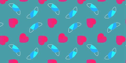 rectangular pattern of pink hearts and blue medical masks in flat style on a blue background.