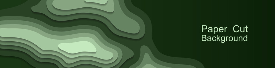 Paper cut topography background. Green area relief map with hills and mountain, or islands in ocean. Origami 3d multi layers. Modern trandy paper design for banner. Vector illustration