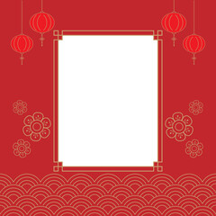 Red and gold Chinese theme background template with blank window frame copy space