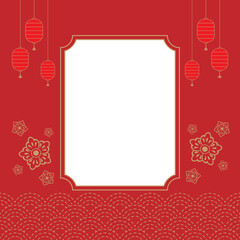 Red background and gold line Chinese theme template with blank window frame copy space