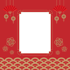 Red background and gold Chinese new year template with blank window frame copy space