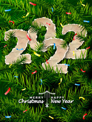 New Year 2022 of crumpled paper between pine twigs. Paper year numbers is strewn with confetti on christmas tree. Vector image for new years day, christmas, winter holiday, new years eve, silvester