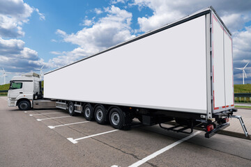 Semi truck with white trailer. You can add your content here.