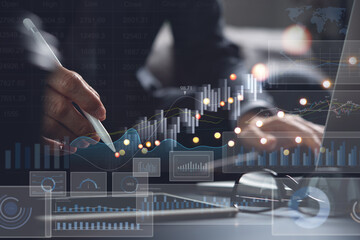 Global business, plan and strategy analysis, finance and investment concept. Business man working on laptop computer with financial graph growth cahrt