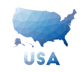 Obraz premium Low poly map of the USA. Geometric illustration of the country. USA polygonal map. Technology, internet, network concept. Vector illustration.